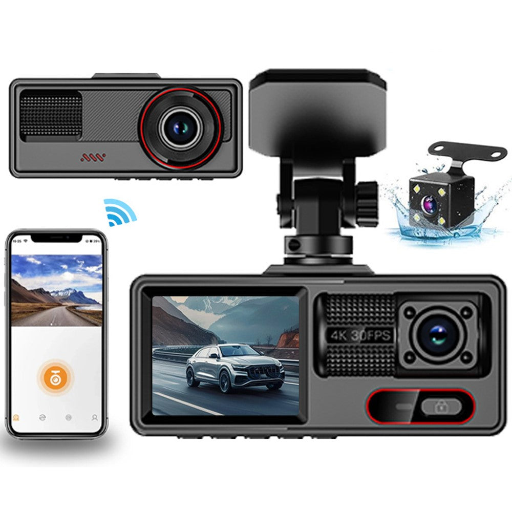 A16 3-Channel 1080P Front + 720P Cabin and Rear WiFi Car Dash Cam Loop Recording G-Sensor Parking Monitor Night Vision