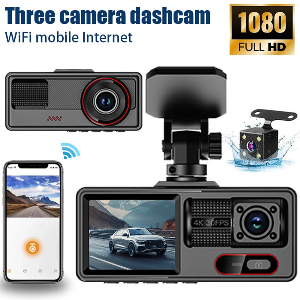 A16 3-Channel 1080P Front + 720P Cabin and Rear WiFi Car Dash Cam Loop Recording G-Sensor Parking Monitor Night Vision