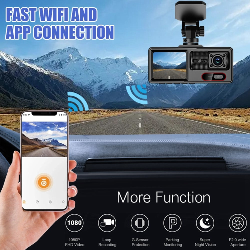 A16 3-Channel 1080P Front + 720P Cabin and Rear WiFi Car Dash Cam Loop Recording G-Sensor Parking Monitor Night Vision