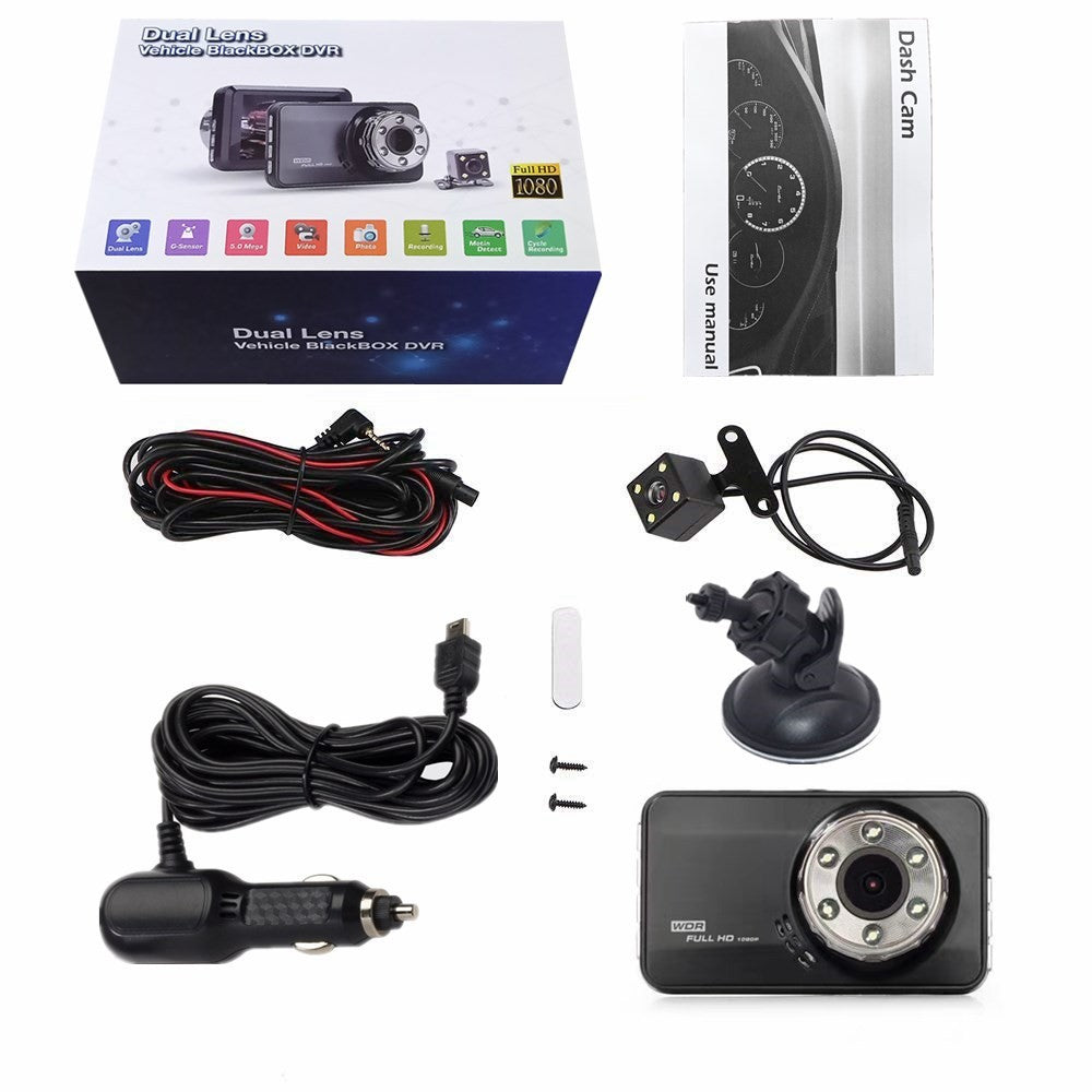 T638+ Dash Cam med dubbla objektiv, Full HD 1080P fram + 720P bak med DVR och WDR-kollisionsdetektering för inspelning av bilkörning