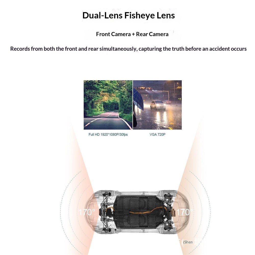 T638+ Dash Cam med dubbla objektiv, Full HD 1080P fram + 720P bak med DVR och WDR-kollisionsdetektering för inspelning av bilkörning