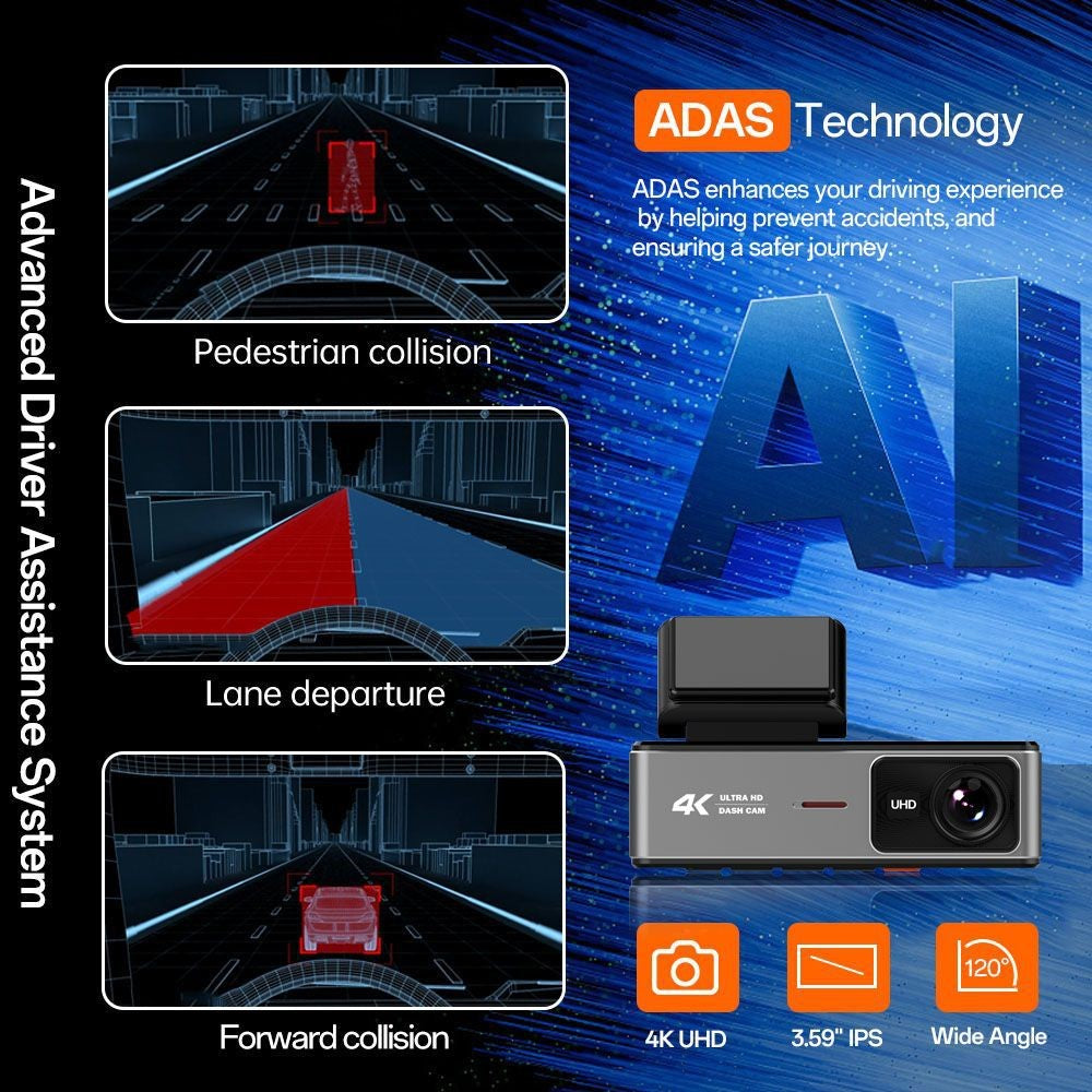 K35-1 Front 4K + Rear 2K Dual Channel Dashcam with 3.59 inch IPS Display ADAS BSD Night Vision, Car Charger Powered