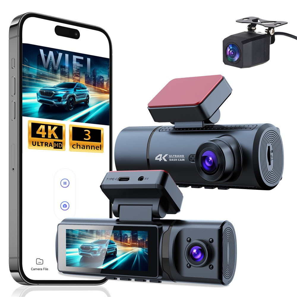 V20-1 3-kanals 4K Dash Cam med 4K fram + 1080P interiör + 1080P bak, nattseende, bil-DVR, 24-timmars parkeringsövervakning, ACC-driven