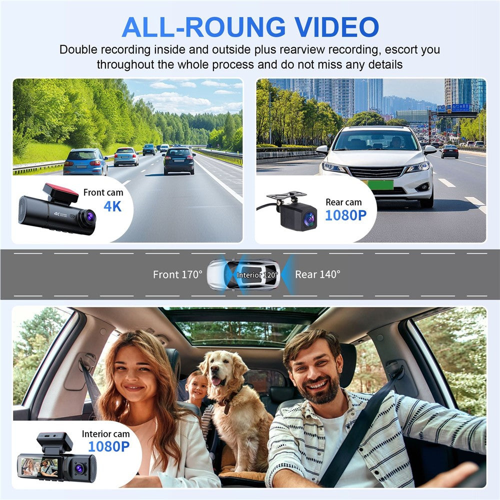 V20-1 3-kanals 4K Dash Cam med 4K fram + 1080P interiör + 1080P bak, nattseende, bil-DVR, 24-timmars parkeringsövervakning, ACC-driven