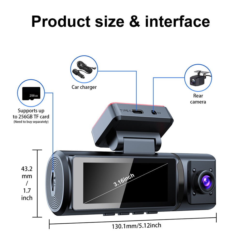 V20-1 3-kanals 4K Dash Cam med 4K fram + 1080P interiör + 1080P bak, nattseende, bil-DVR, 24-timmars parkeringsövervakning, ACC-driven
