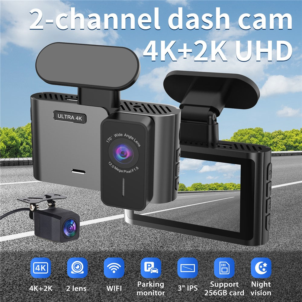 A29-4 Inbyggd GPS WiFi 4K fram + 2K bak Dubbelkanalig inspelning Dash Cam 24-timmars parkeringsövervakning, ACC-driven