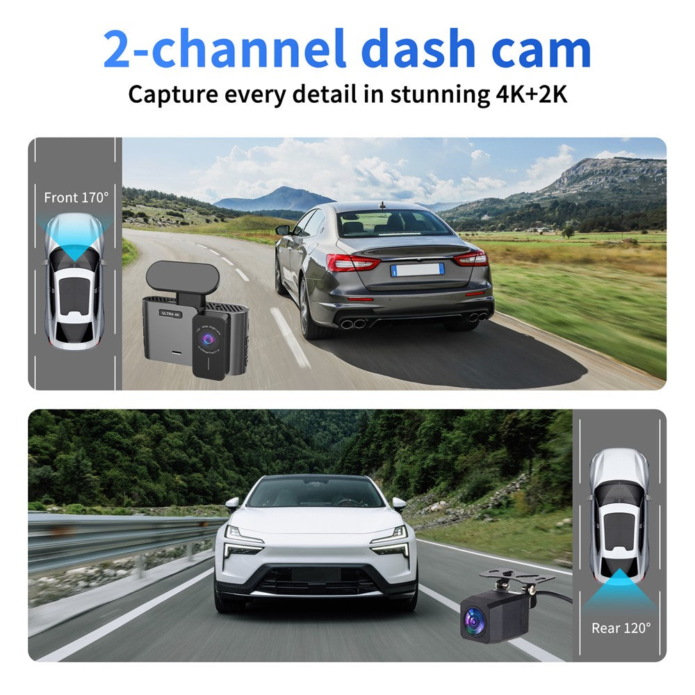 A29-4 Inbyggd GPS WiFi 4K fram + 2K bak Dubbelkanalig inspelning Dash Cam 24-timmars parkeringsövervakning, ACC-driven