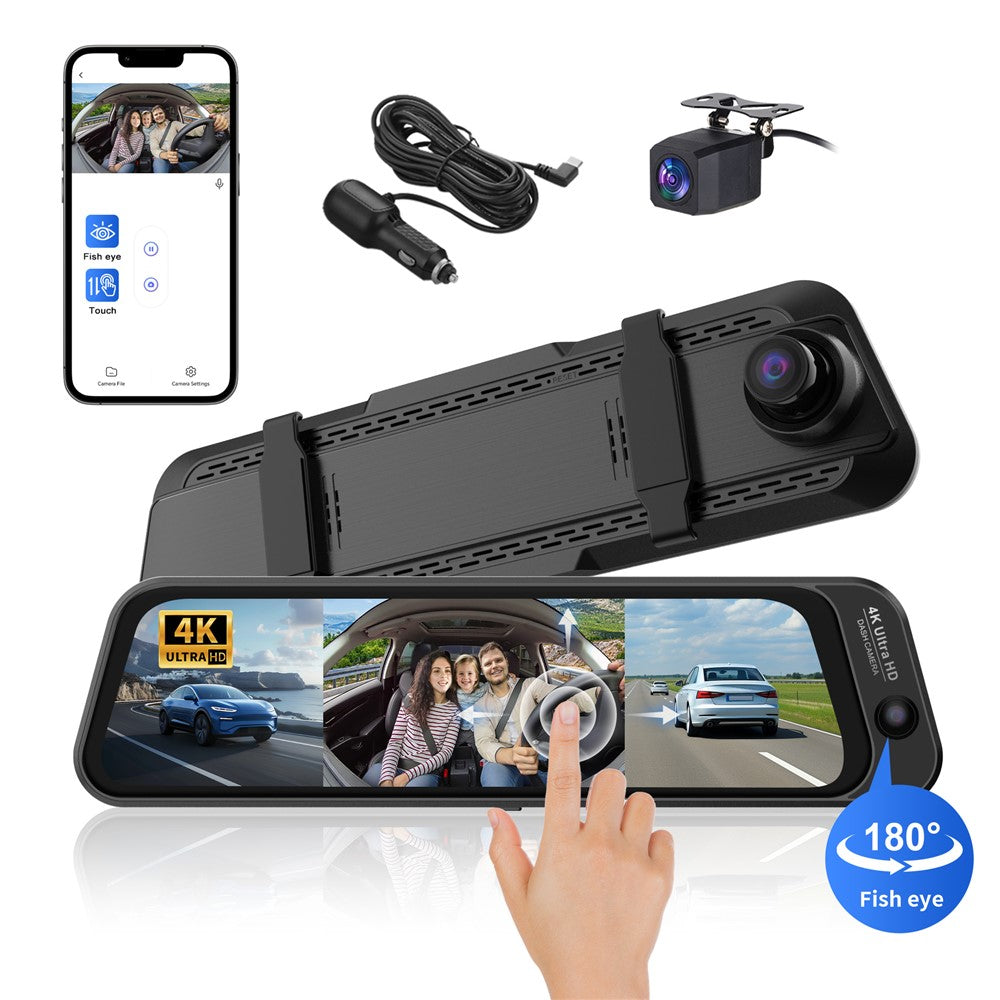 S480-1 24 timmars parkeringsövervakning fram 4K+ interiör 2K+bak 2K 3-kanals dashcam 9,66 tums pekskärm backspegel med WiFi, ACC-driven