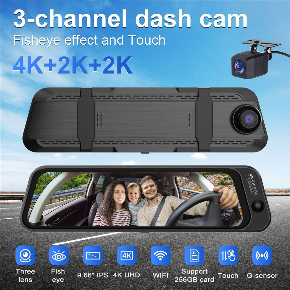 S480-1 24 timmars parkeringsövervakning fram 4K+ interiör 2K+bak 2K 3-kanals dashcam 9,66 tums pekskärm backspegel med WiFi, ACC-driven