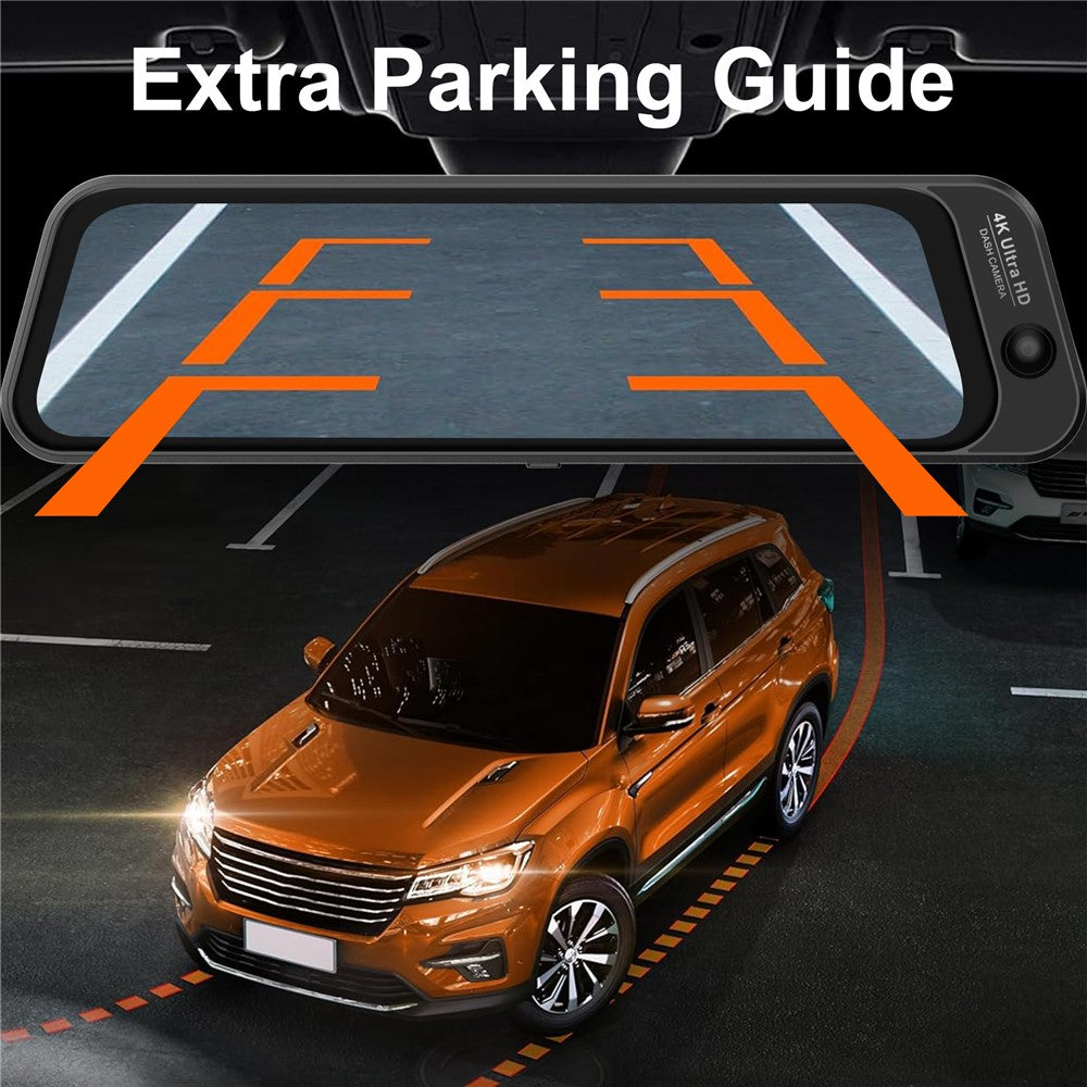 S480-1 24 timmars parkeringsövervakning fram 4K+ interiör 2K+bak 2K 3-kanals dashcam 9,66 tums pekskärm backspegel med WiFi, ACC-driven