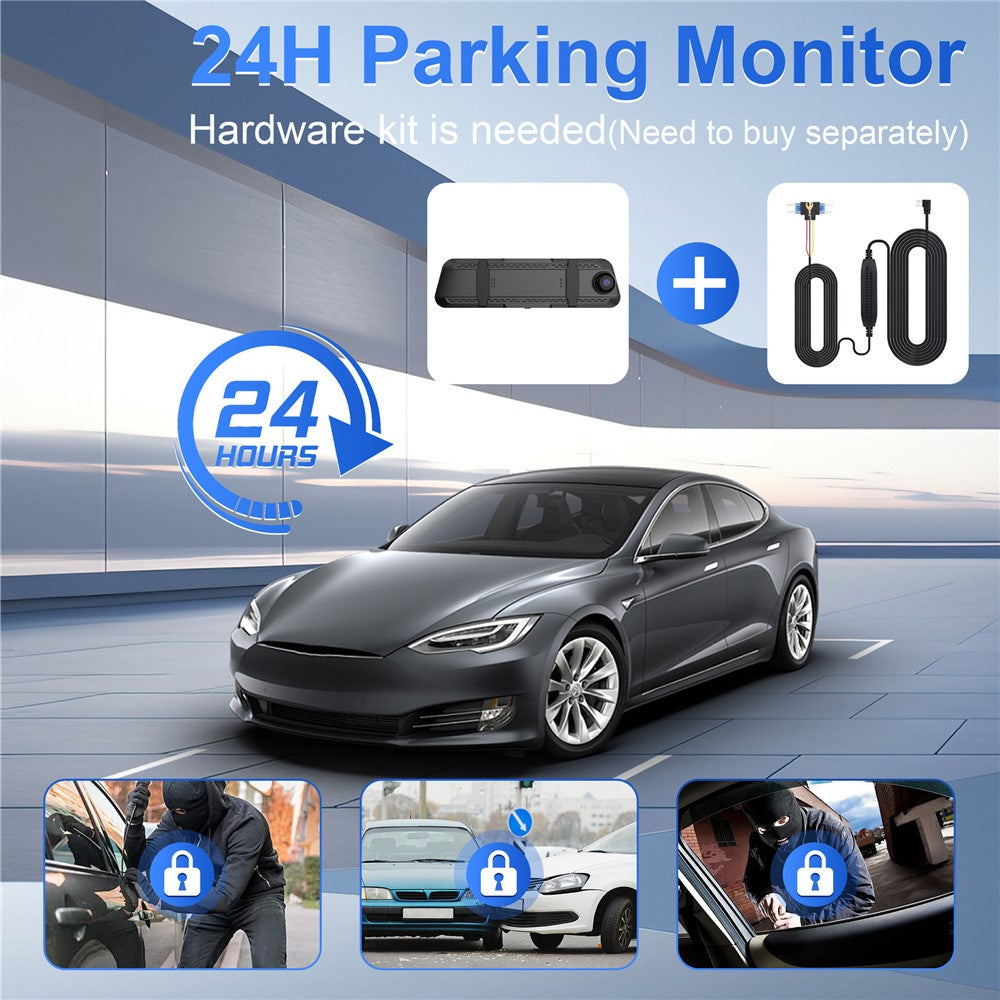 S480-1 24 timmars parkeringsövervakning fram 4K+ interiör 2K+bak 2K 3-kanals dashcam 9,66 tums pekskärm backspegel med WiFi, ACC-driven