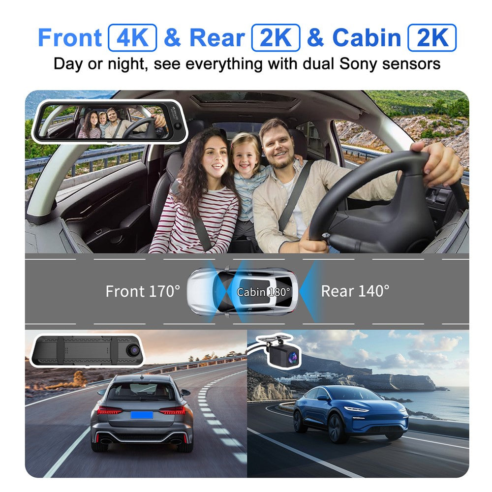 S480-1 24 timmars parkeringsövervakning fram 4K+ interiör 2K+bak 2K 3-kanals dashcam 9,66 tums pekskärm backspegel med WiFi, ACC-driven