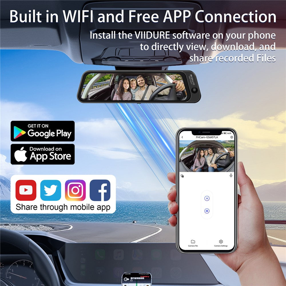 S480-1 24 timmars parkeringsövervakning fram 4K+ interiör 2K+bak 2K 3-kanals dashcam 9,66 tums pekskärm backspegel med WiFi, ACC-driven