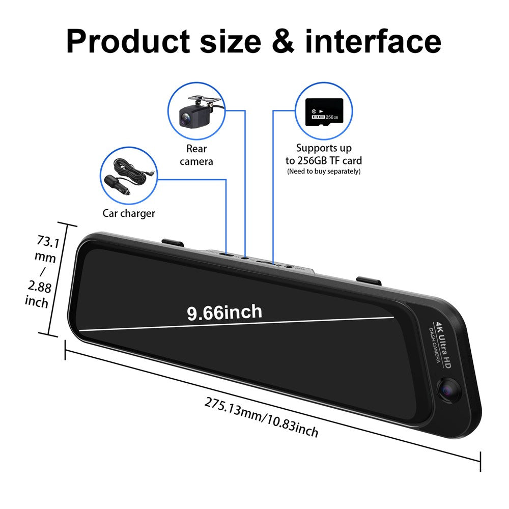 S480-1 24 timmars parkeringsövervakning fram 4K+ interiör 2K+bak 2K 3-kanals dashcam 9,66 tums pekskärm backspegel med WiFi, ACC-driven