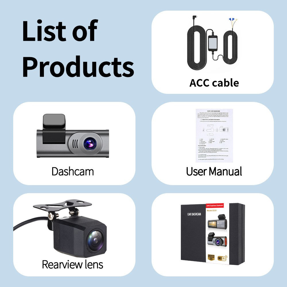 D28-2 24-timers parkeringsmonitor Foran 4K + Bag 2K Dobbeltkanals Dash Cam Indbygget WiFi G-sensor Nattesyn, ACC-drevet