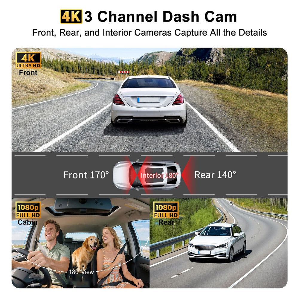 M40-1 3-kanals 4K Dash Cam med 4K fram + 1K interiör + 1K bak Tre linser Bil-DVR WiFi GPS G-sensor för inspelning av fordonskörning