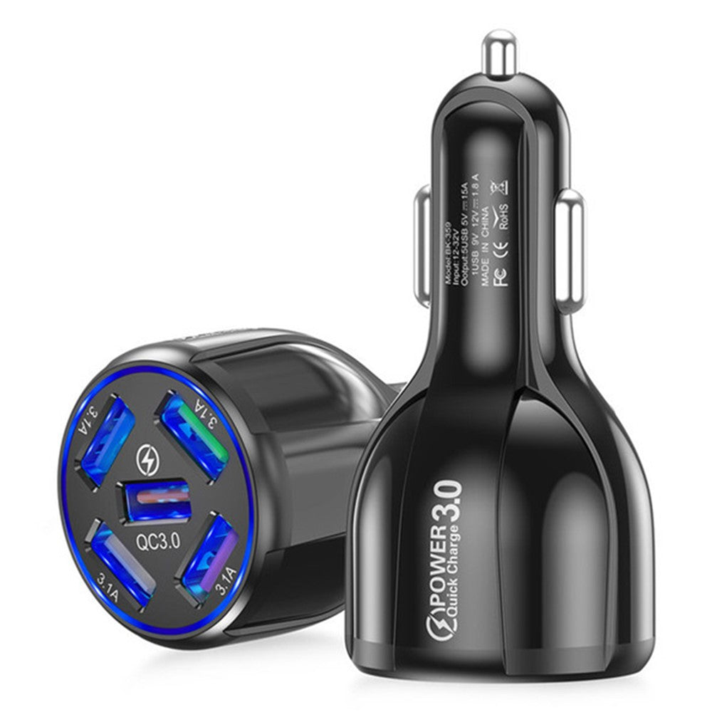 BK-359 Biloplader med fem opladningsporte QC 3.0 USB Hurtig Biloplader Strømadapter