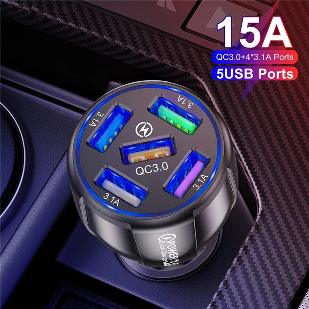 BK-359 Biloplader med fem opladningsporte QC 3.0 USB Hurtig Biloplader Strømadapter