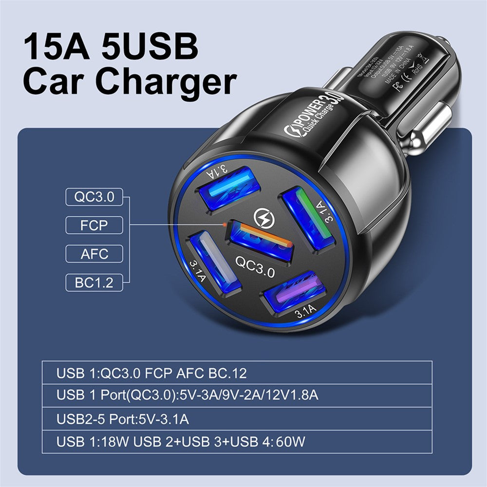 BK-359 Biloplader med fem opladningsporte QC 3.0 USB Hurtig Biloplader Strømadapter