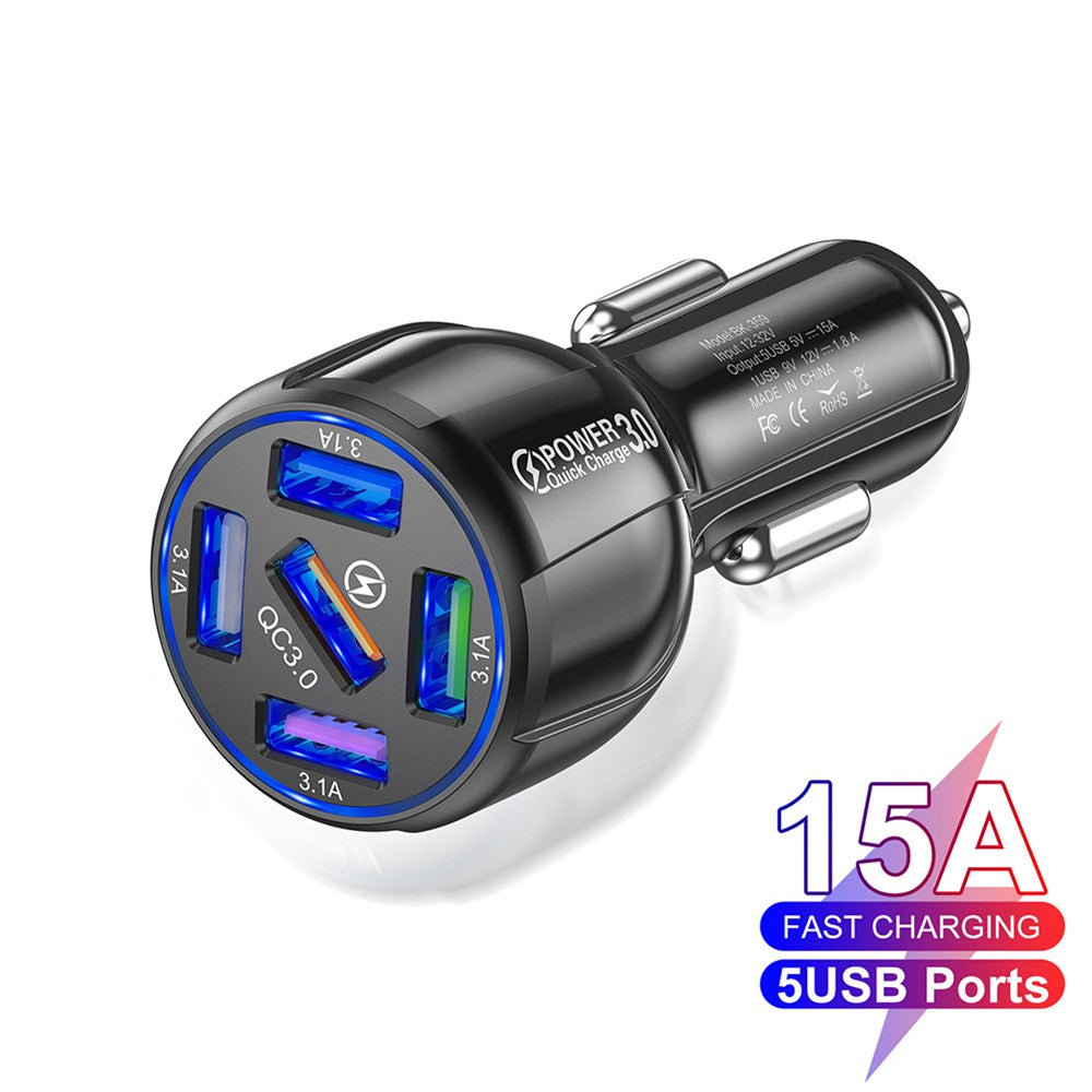 BK-359 Biloplader med fem opladningsporte QC 3.0 USB Hurtig Biloplader Strømadapter