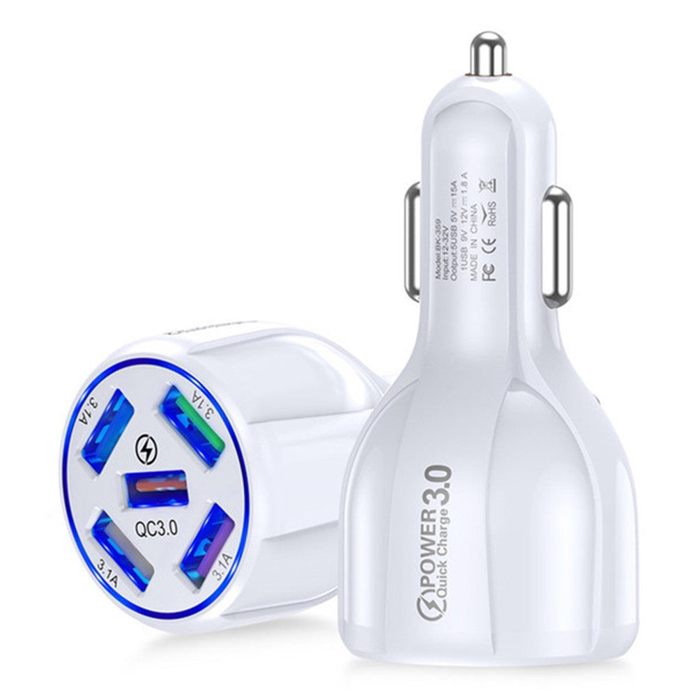 BK-359 Biloplader med fem opladningsporte QC 3.0 USB Hurtig Biloplader Strømadapter