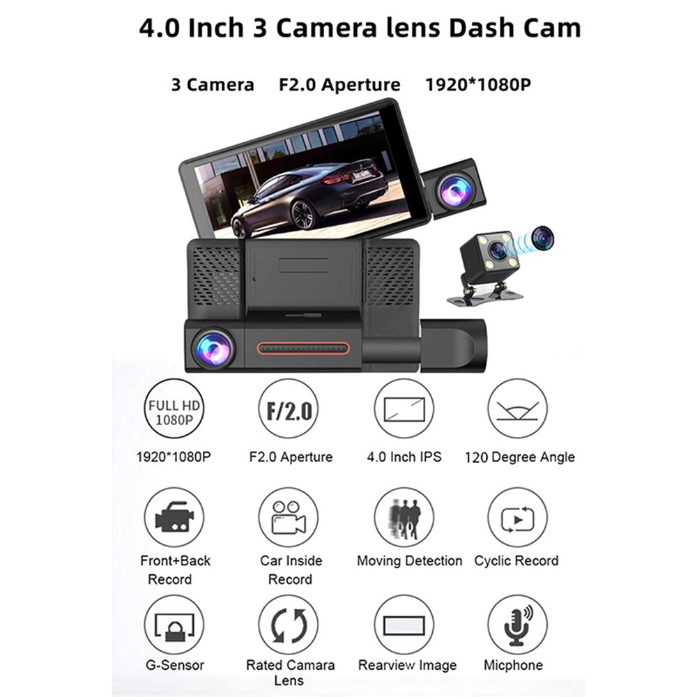 H208 4" IPS Screen 2.5D 3-Lens Car Dash Cam Full HD 1080P Car Video Recorder 120-Degree Wide Angle Car Recorder
