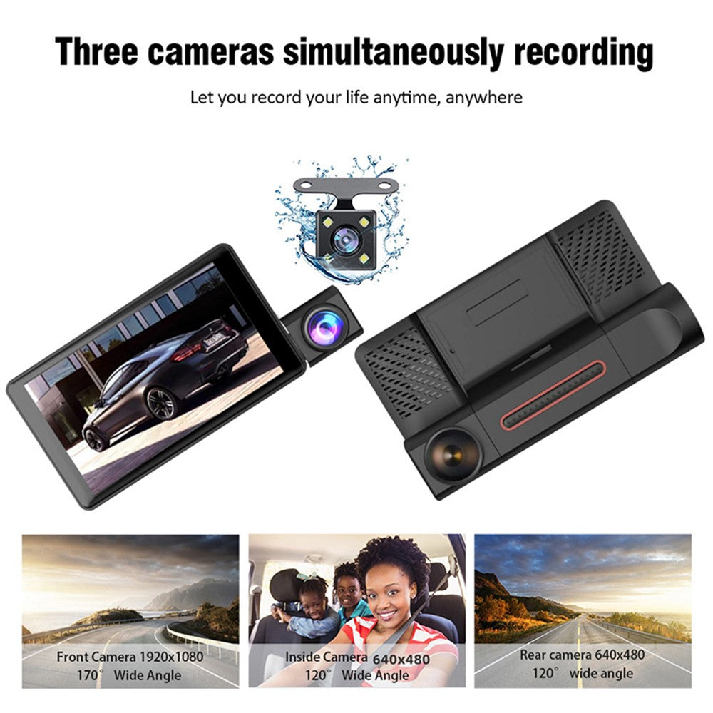 H208 4" IPS Screen 2.5D 3-Lens Car Dash Cam Full HD 1080P Car Video Recorder 120-Degree Wide Angle Car Recorder