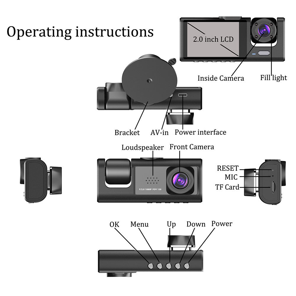 Y16 bil-DVR-dashcam 1080P HD med parkeringsovervågning, 3 kameraer og køreoptager