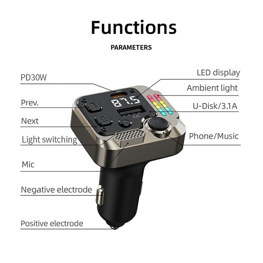 C68 Bluetooth-compatible FM Transmitter Car Adapter PD 30W Dual Port Car Charger Music Player Hands-Free Call