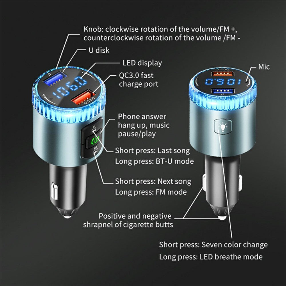 BC77 MP3 Player Ambient Light Digital Display Bluetooth-Compatible Car Charger FM Transmitter Support U-Disk