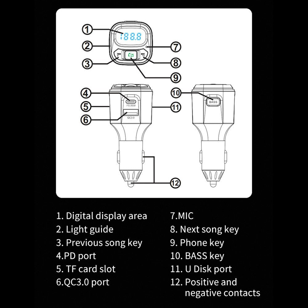 BC80 Car Charger Bluetooth-Compatible MP3 Player Hands-Free Calling Voltage Display Adapter