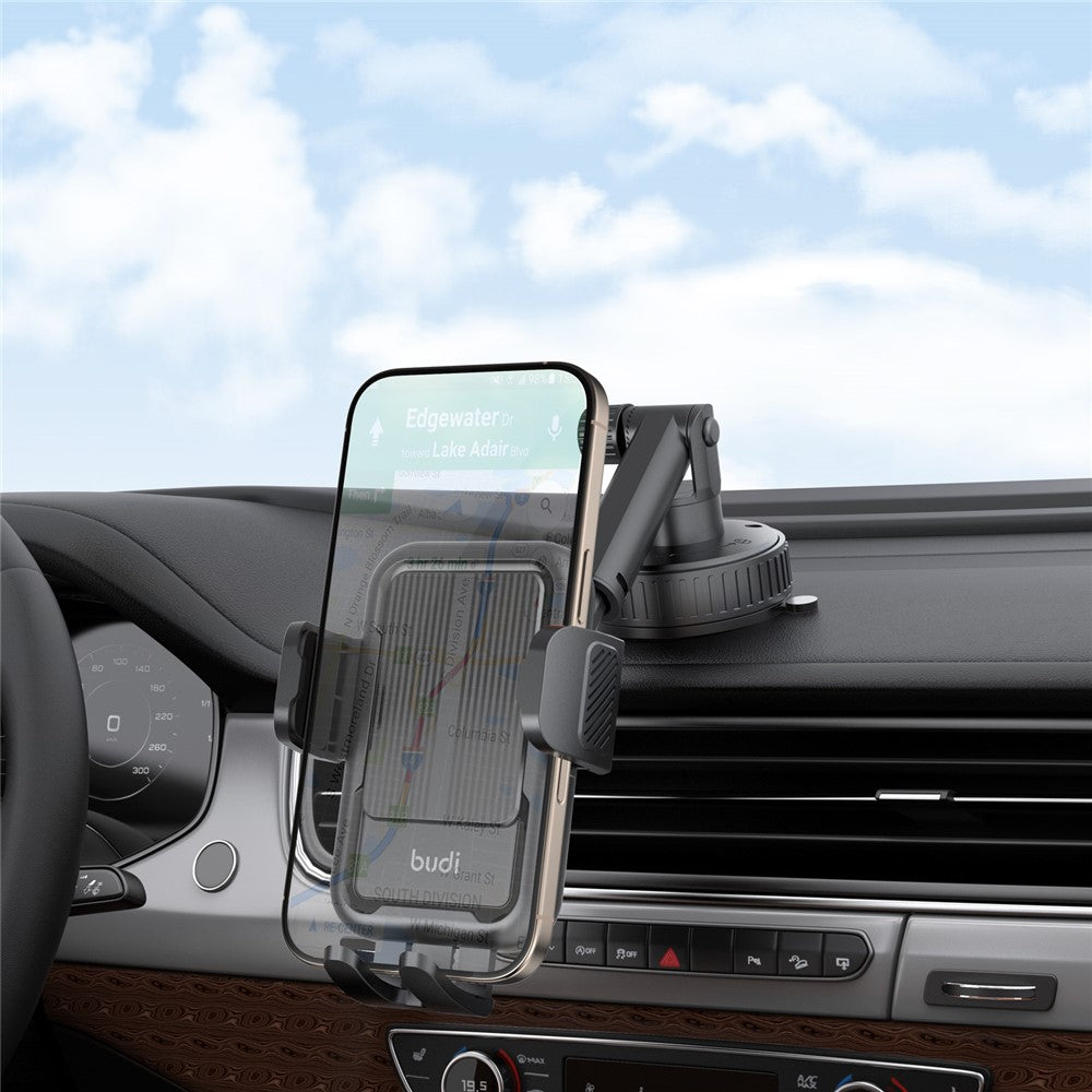 BUDI CM590B Suction Cup Base Car Mount Phone Holder One Hand Operation Adjustable Cellphone Bracket