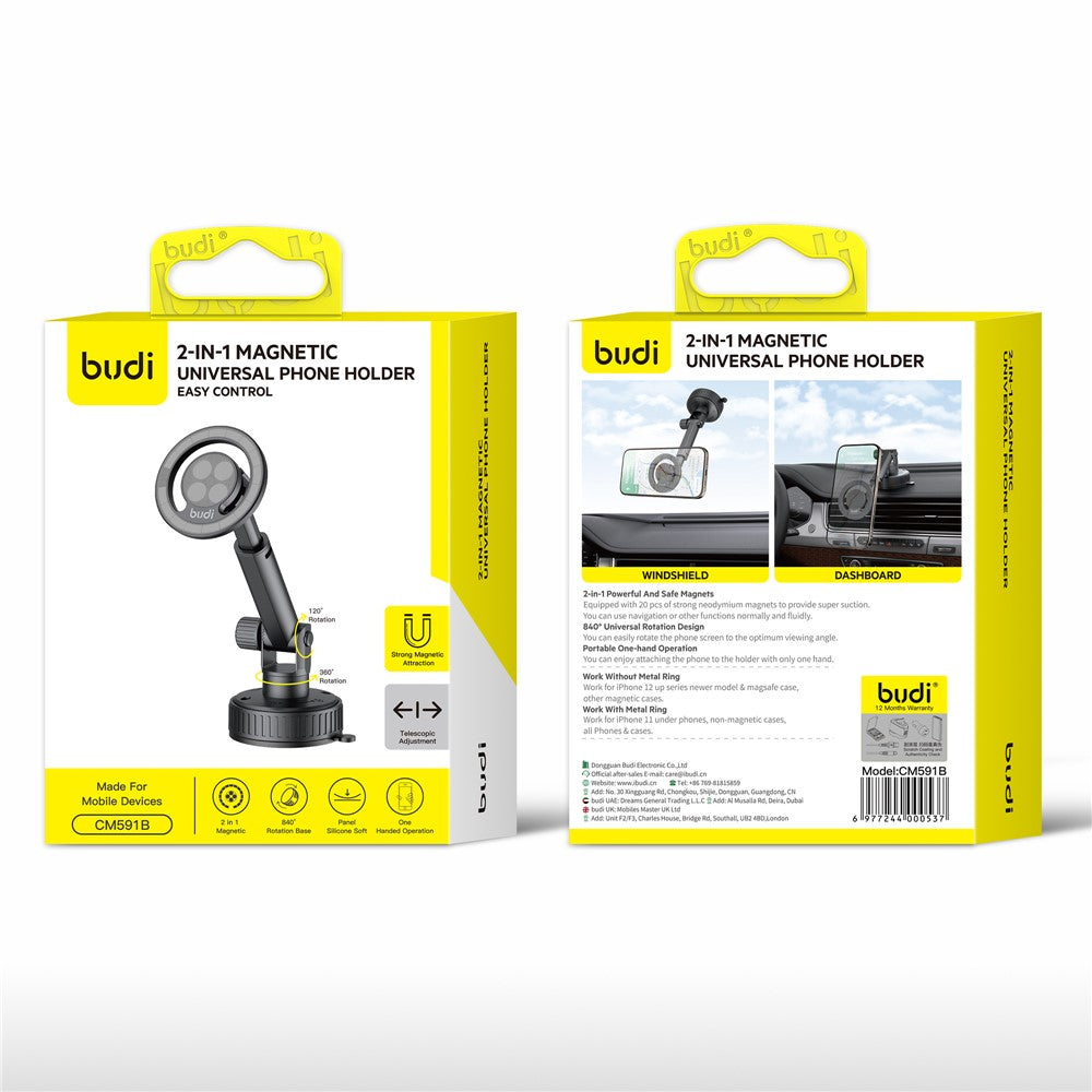 BUDI CM591B Adjustable Magnetic Phone Mount for Car 360 Degree Rotation Suction Cup Base Cellphone Holder