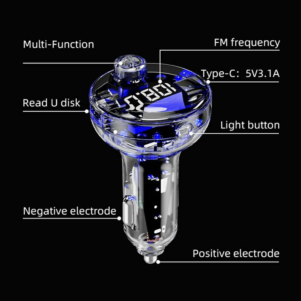 C10 Multifunctional Car MP3 Player Adapter BT Hands-Free FM Transmitter Car Charger with USB / Type-C Ports
