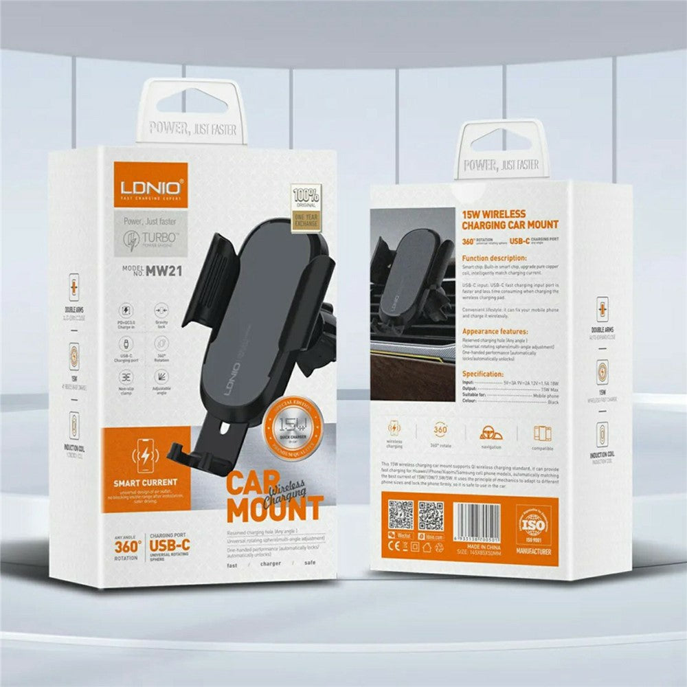 LDNIO MW21 15W Qi Wireless Charging Car Mount Electric Auto-Sensing Auto Clamp Air Vent Phone Holder