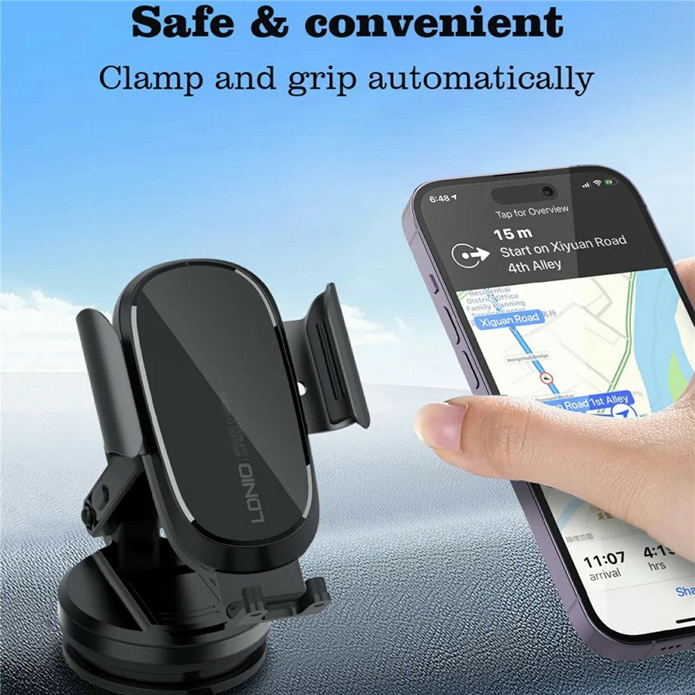LDNIO MW21-1 15W Wireless Charging Car Mount Automatic Electric Clamping Auto-Grip Phone Holder with Suction Cup Base