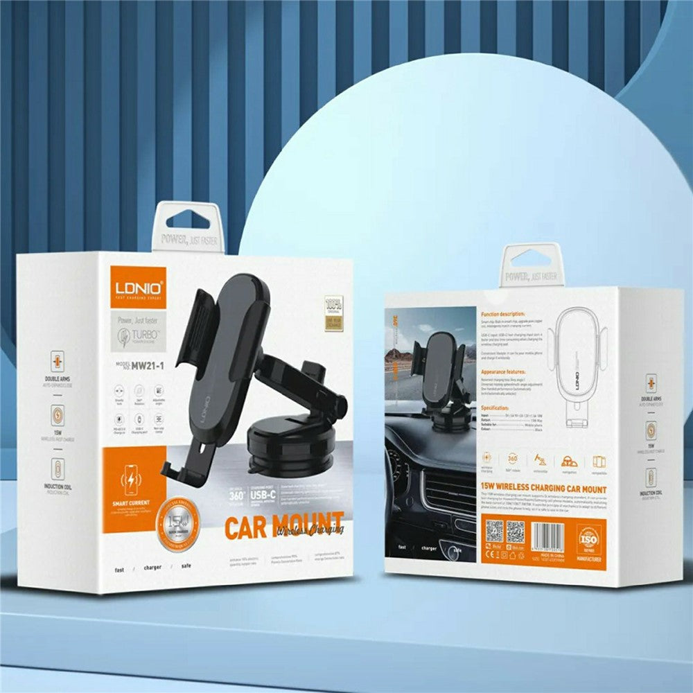 LDNIO MW21-1 15W Wireless Charging Car Mount Automatic Electric Clamping Auto-Grip Phone Holder with Suction Cup Base