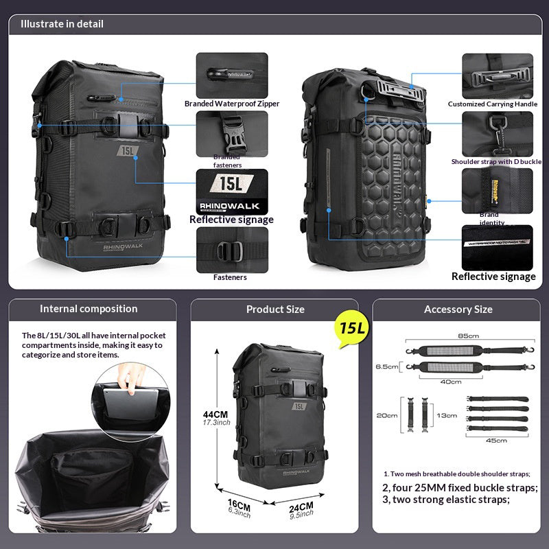 RHINOWALK MT2215 15L Motorcycle Tail Bag Waterproof Rear Seat Cargo Rack Bag for Touring Adventure