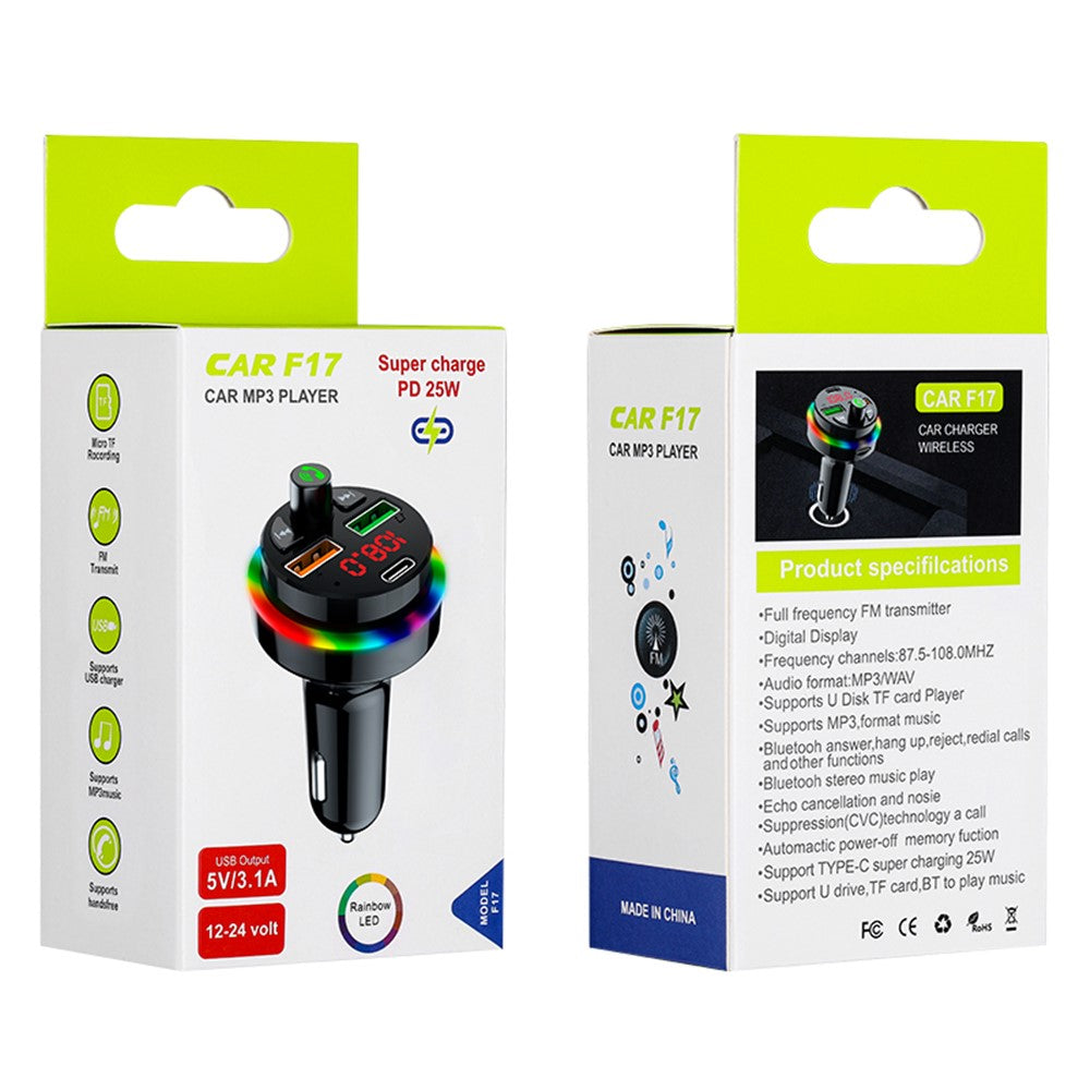 PDF17 Bluetooth-compatible Car Charger 2 USB + Type-C PD 25W Fast Charging Car Charger Adapter Bluetooth-compatible Call Receiver Support TF Card / BT Music Player
