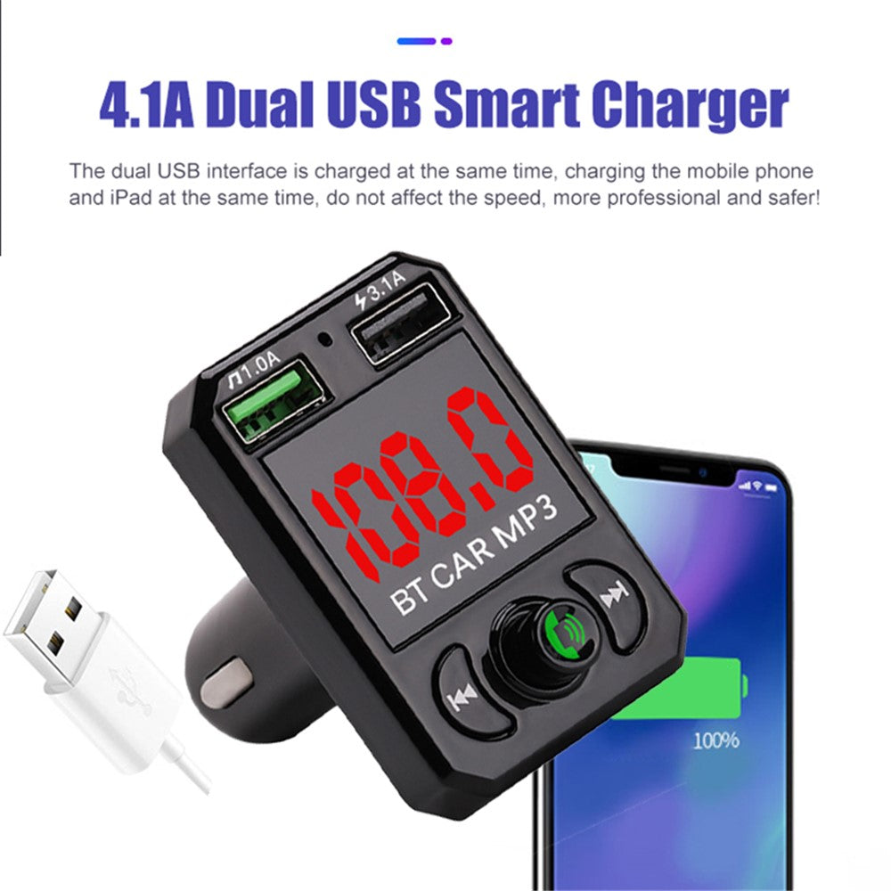 A6 BT FM Transmitter Car Charger with 2 USB Ports Car MP3 Player Supports U Disk, TF Card, Bluetooth-compatible Hands-Free Calling