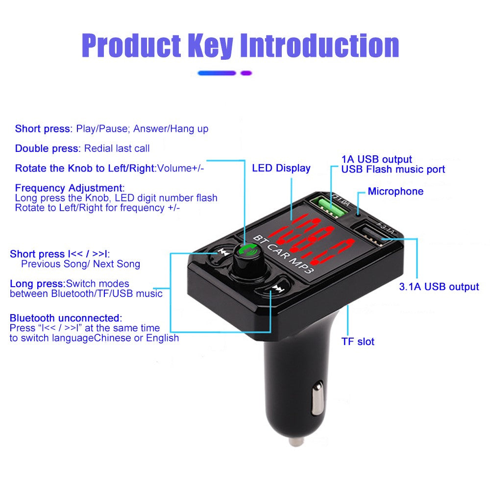 A6 BT FM Transmitter Car Charger with 2 USB Ports Car MP3 Player Supports U Disk, TF Card, Bluetooth-compatible Hands-Free Calling