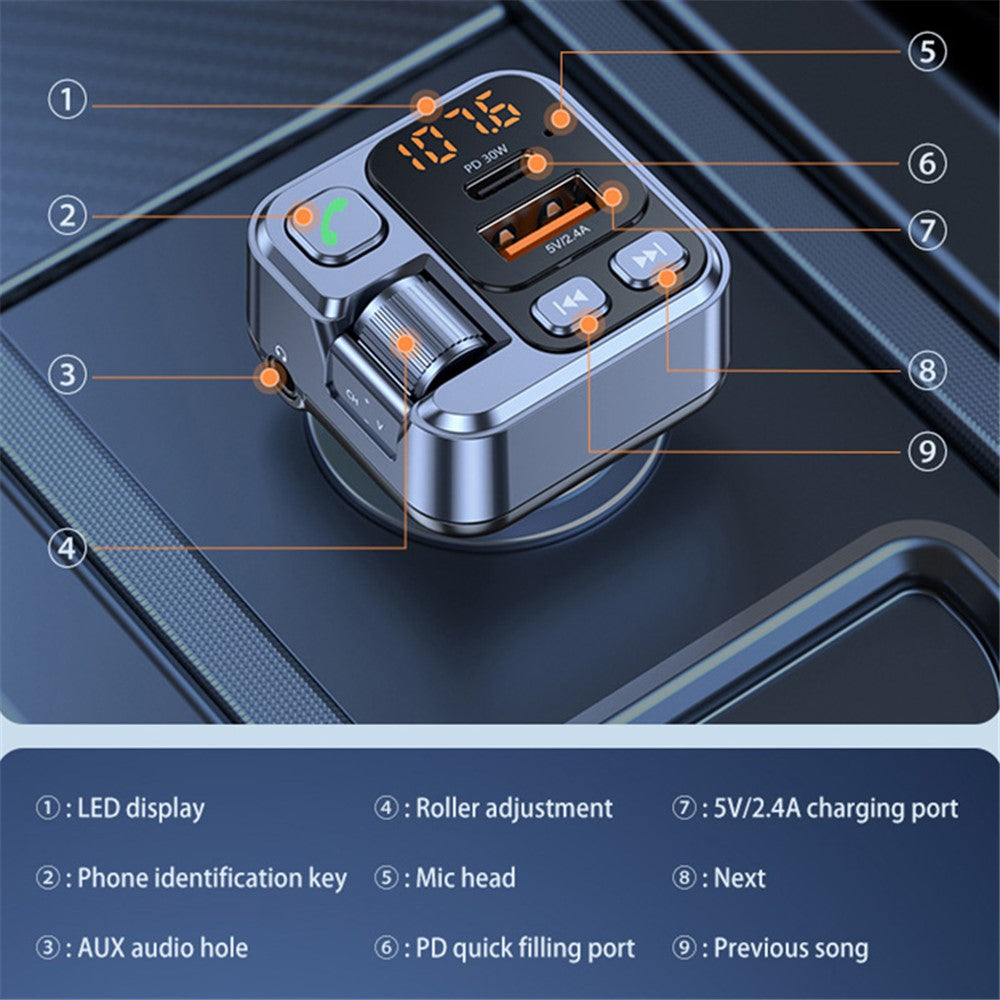 T16 PD 30W Car Charger Bluetooth-compatible MP3 Player FM Transmitter Charger Adapter with LED Screen
