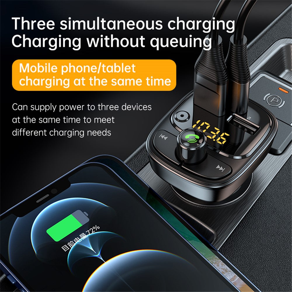 T02 PD 24W Bluetooth-compatible Car Charger MP3 Player Multifunction Car Charger Adapter with 2USB, Type-C Ports