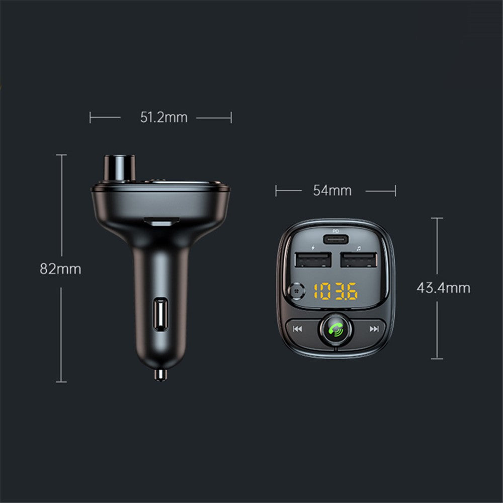 T02 PD 24W Bluetooth-compatible Car Charger MP3 Player Multifunction Car Charger Adapter with 2USB, Type-C Ports