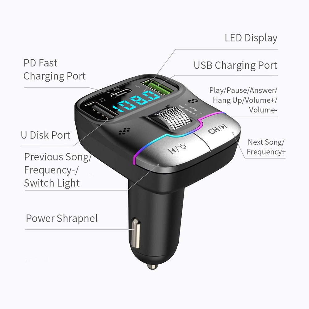 GZ01 Bluetooth-compatible 5.3 Hands-free Call U-disk MP3 Music Player Type-C + Dual USB Car Charger