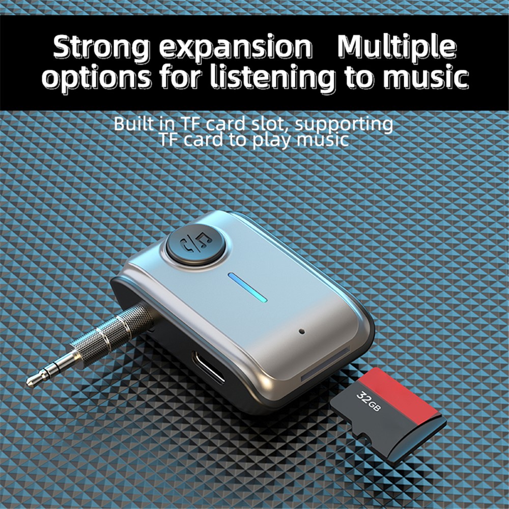 W2 Håndfri AUX Bil Bluetooth-kompatibel Modtager Bærbar BT 5.3 Bilstereo Adapter med Type-C Indgang, TF Kortslot