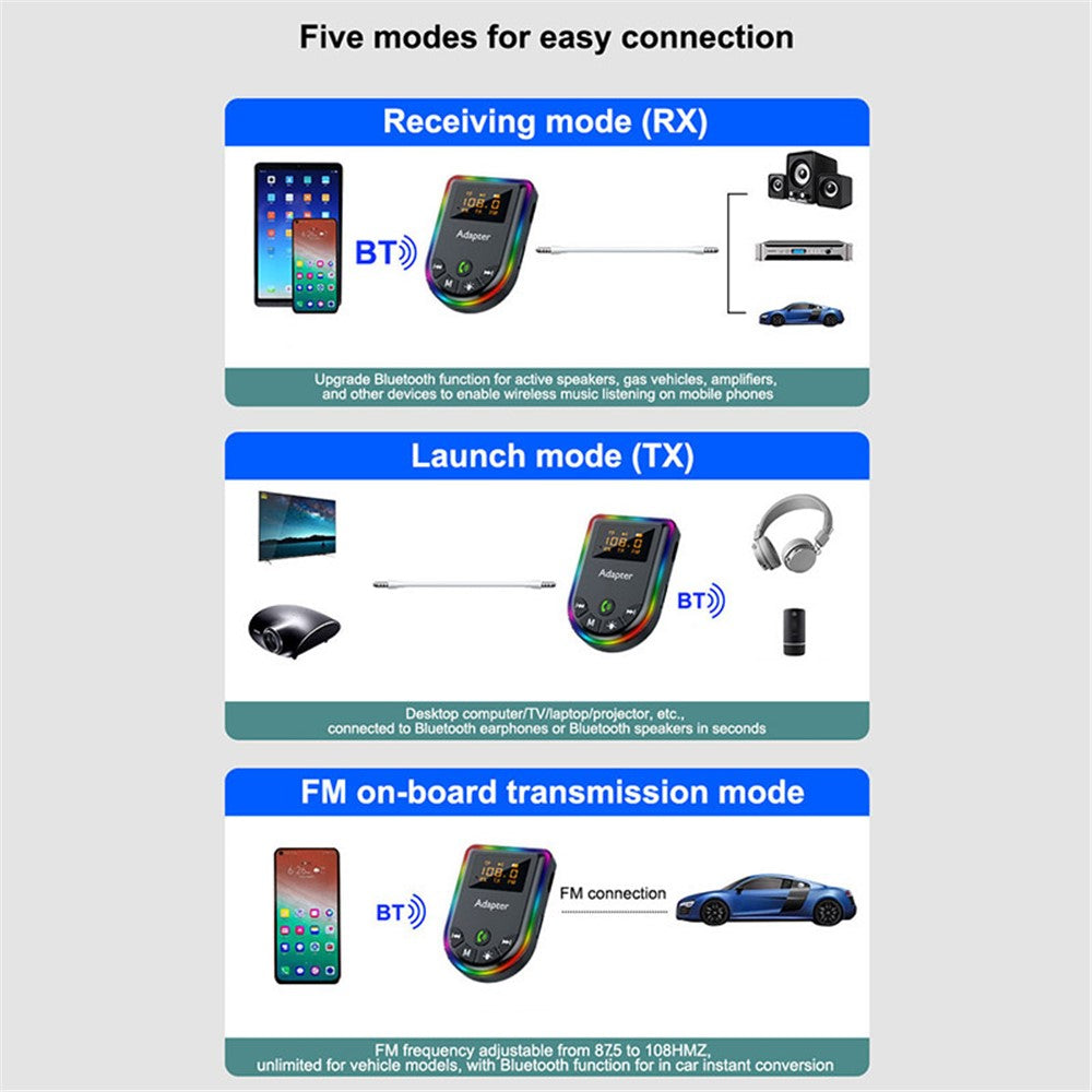 Q5 2-in-1 Bluetooth-compatible 5.3 Audio Adapter with Audio Receiver/Transmitter, Car MP3 Player with Colorful Ambient Light