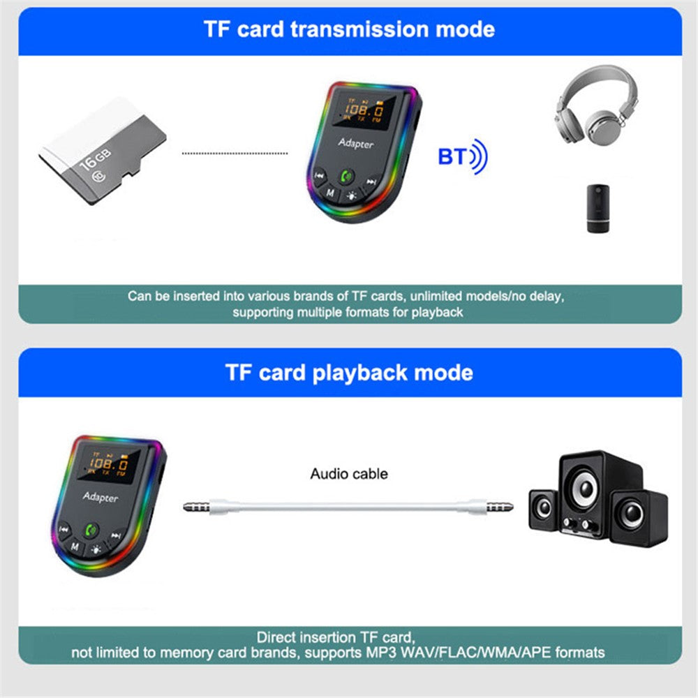 Q5 2-in-1 Bluetooth-compatible 5.3 Audio Adapter with Audio Receiver/Transmitter, Car MP3 Player with Colorful Ambient Light
