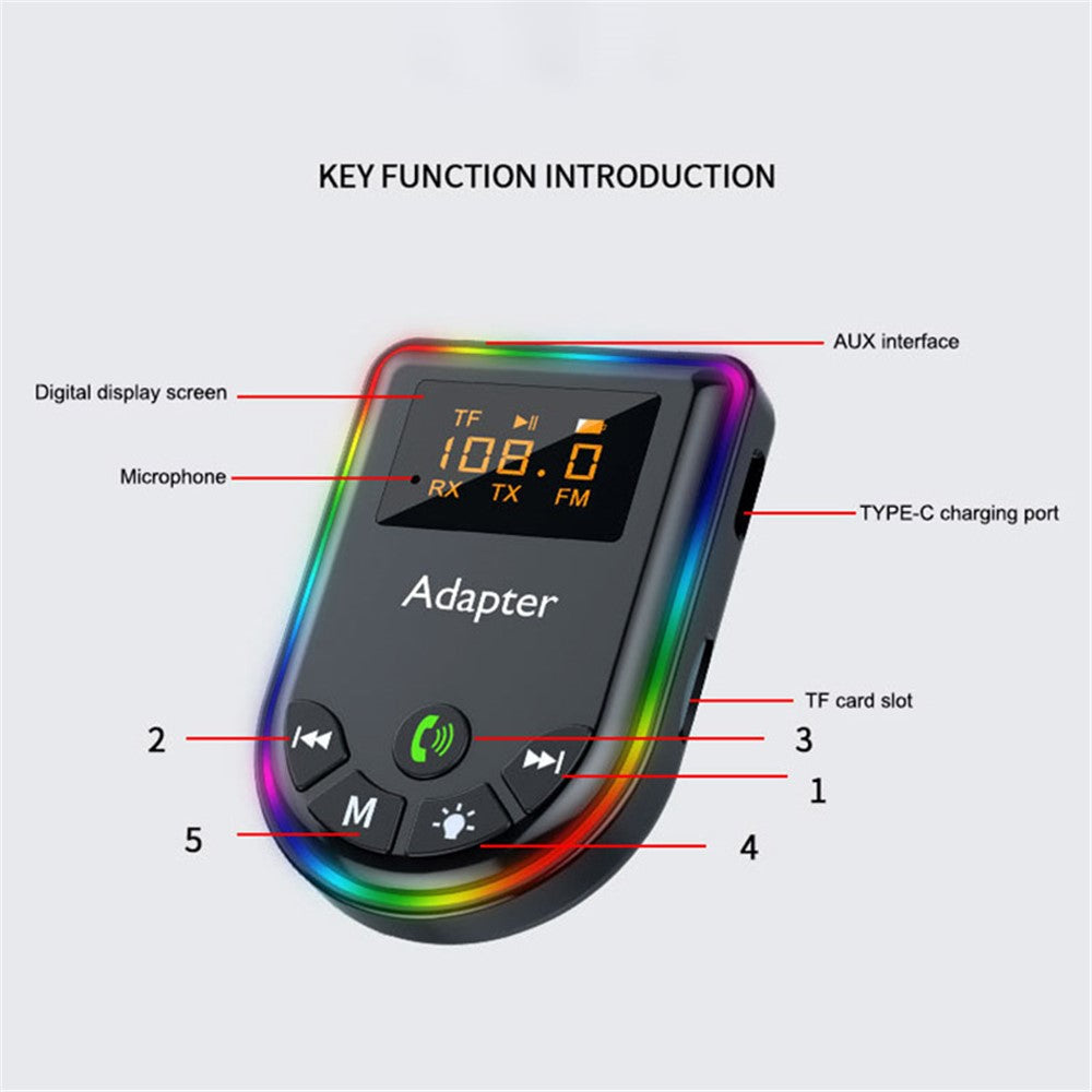 Q5 2-in-1 Bluetooth-compatible 5.3 Audio Adapter with Audio Receiver/Transmitter, Car MP3 Player with Colorful Ambient Light