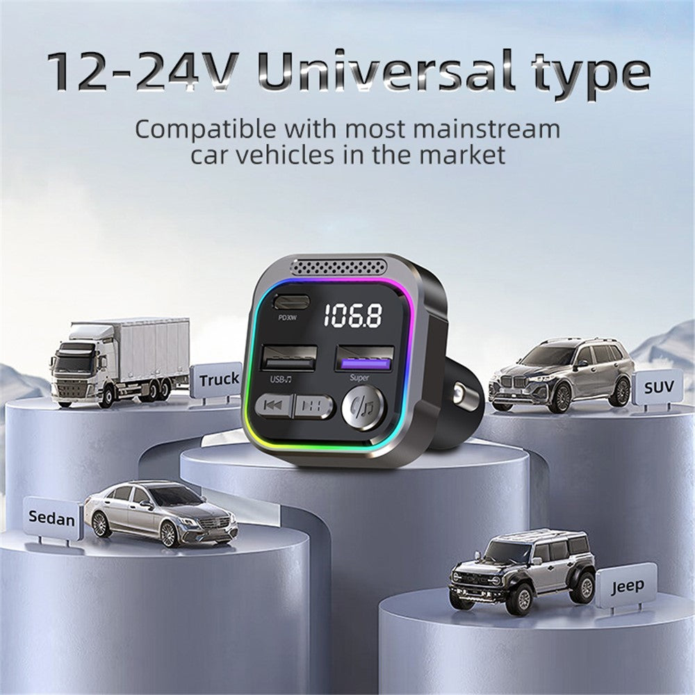 C54 Alloy Car Bluetooth-compatible Adapter FM Transmitter MP3 Player PD 30W Type-C + Dual USB Car Charger